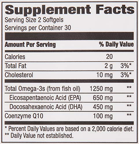 Amazon Elements Omega 3 Wild-caught Fish Oil + CoQ10 with Natural Lemon Flavor, EPA & DHA Omega-3 fatty acids, 60 Softgels (1250 mg Omega 3s and 100 mg CoQ10 per serving)