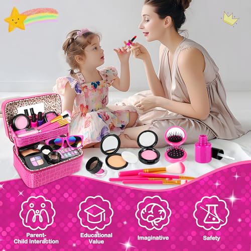 Luucio Pretend Makeup for Toddlers, Fake Makeup Set for Girls - with Double-Layer Bag for Birthday Christmas, Toy Makeup Set for Toddler, Little Girls Age 3+(Not Real Makeup)