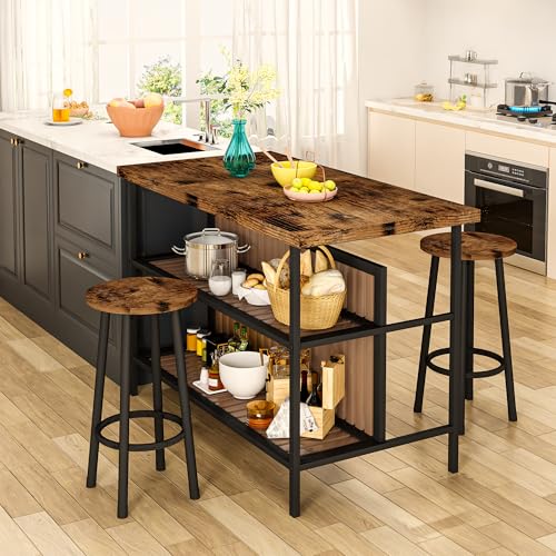 DKLGG Dining Table Set for 2 with Storage, Modern Kitchen Island with Seating 3 Piece Kitchen & Dining Room Sets Island Table for Small Space, Apartment, Home Bar, Brown