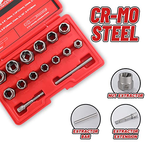 UYECOVE 15-Pcs Bolt Extractor Set, 3/8'' Drive Easy Out Bolt Extractor Set, Stripped Bolt Remover Nut Extractor Set for Damaged, Frozen, Rusted Sockets, Rounded-Off Bolts, Nuts & Screws