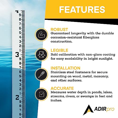AdirPro 4" Wide Stream Gauge - Heavy Duty Staff Gauge - All Weather Gauge - Water Depth Gauge - Flow Meters (100ths/10ths/feet) (0-4')