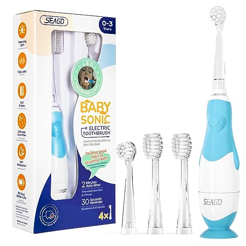 SEAGO Toddler Electric Toothbrush for Ages 1-3 Years,Baby Electric Toothbrush with Smart LED Timer and Sonic Technology,4 Brush Heads(Blue)