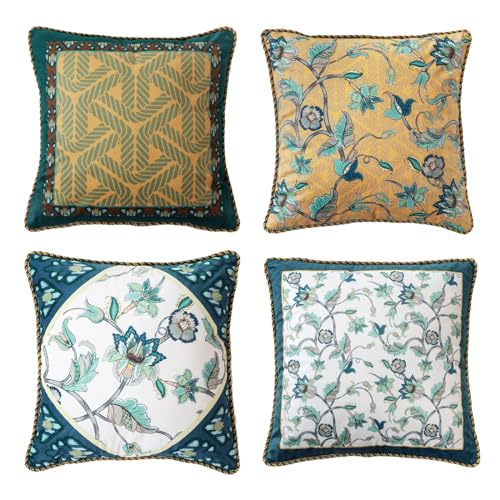 patdrea Designer Classy Throw Pillow Covers 18x18 Inch,Green Elegant Idyllic Velvet Leaf Stripe Floral Pattern,Decorative Square Pillowcases Cushion for Bed Living Room Outdoor Car