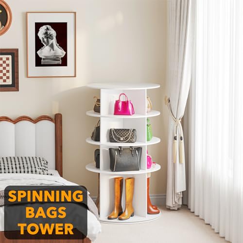 SpaceAid Rotating Shoe Rack 4 Tier Organizer, High Bottom Design Shoe Tower Spinning Storage Lazy Susan, Revolving Rack 360, Closet Handbag Display Rotate Organizers (White)