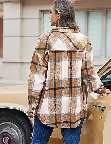 IN'VOLAND Women's Flannel Plaid Shacket Casual Button Down Long Sleeve Flannel Shirts Plus Size Lapel Fall Jacket Pink 16W