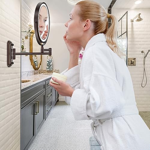 Rocollos Rechargeable Lighted Wall Mounted Makeup Mirror with 3 Color Lights,Dimmable Touch Screen,8 Inch LED Double Sided 1X/10X Magnifying 360°Flexible 13 Inch Retractable