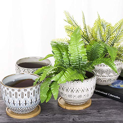 VanEnjoy 5.5 inch Large Round Bohemian Style Ceramic Planter, Geometry Engrave Off White Brown Succulent Planter Flower Pot - Indoor Outdoor Decorative Planter