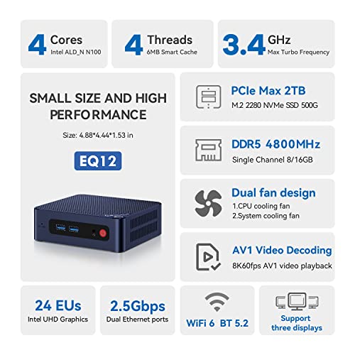 Beelink EQ13 Dual LAN Mini PC, Intel Alder-Lake N100 (up to 3.4GHz), 16GB DDR4 RAM 500GB PCIe3.0 SSD Mini Computers, WiFi6, BT5.2, USB3.2, Dual HDMI, Built-in Power Supply Home/Office Desktop PC