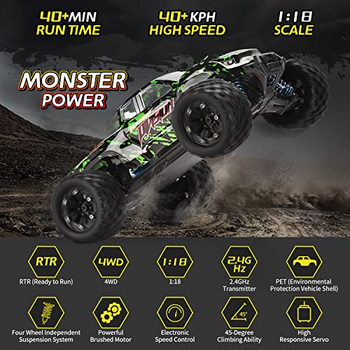 TENSSENX 1:18 Scale All Terrain RC Cars, 40KM/H High Speed 4WD Remote Control Car with 2 Rechargeable Batteries, 4X4 Off Road Monster Truck, 2.4GHz Electric Vehicle Toys Gifts for Kids and Adults