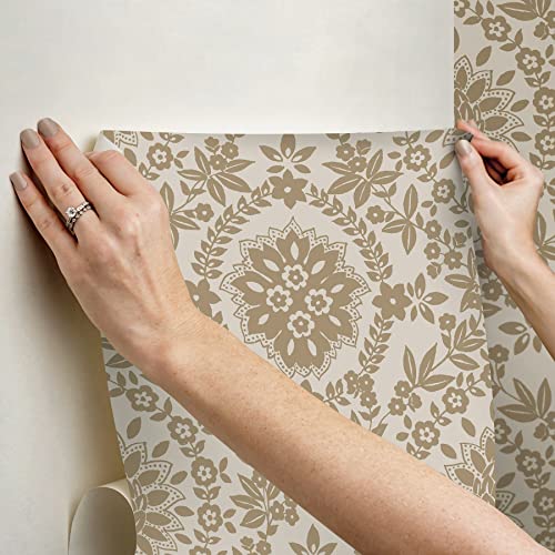 RoomMates RMK12572PL Taupe and Gold Boho Baroque Damask Peel and Stick Wallpaper, Neutral