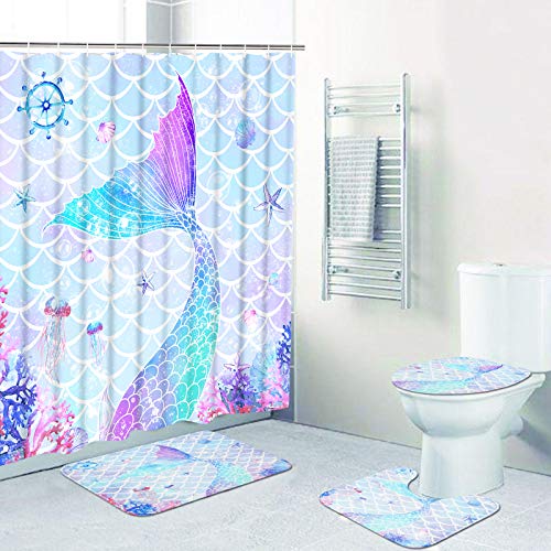 4 Pcs Flower Butterfly Shower Curtain Set with Non-Slip Rug, Toilet Lid Cover and Mat, Colorful Floral Shower Curtain with 12 Hooks, Waterproof Fabric Bath Curtain for Bathroom, Blue