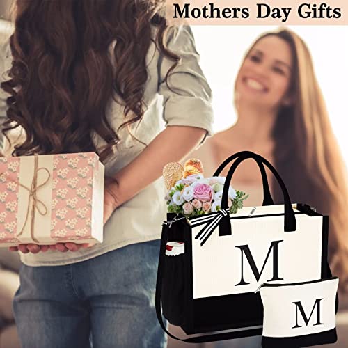 YOOLIFE Birthday Gifts for Women, Mothers Day Gifts Mom Wife Friends Female Teacher Bridal Shower Bridesmaids Proposal Wedding Personalized Gifts Boss Work Initial Tote Bag & Makeup Bag V