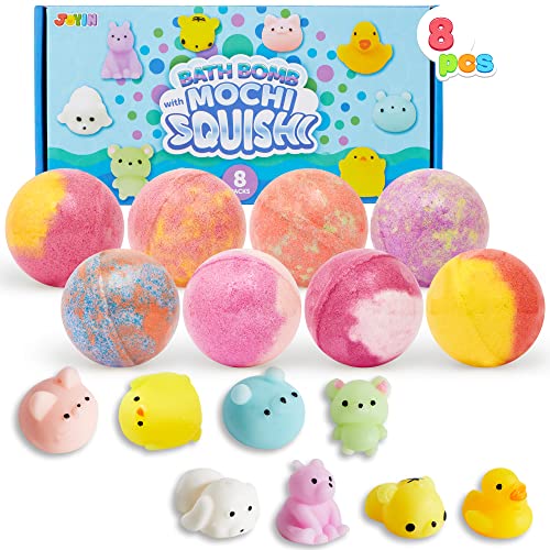 JOYIN 8 Pack Big Bath Bombs for Kids with Mochi Toy, Surprise Toy Inside, Natural Essential Oil SPA Bath Fizzies Set, Kids Safe Party Favors for Boys and Girls