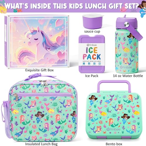 Fimibuke Bento Lunch Box for Kids - Toddler Bento Snack box with 3 Compartments, Stainless Steel Insulated Water Bottle, Lunch Bag, Ice Pack Set, Back to School Birthday Gifts for Ages 3-12 Girls Boys