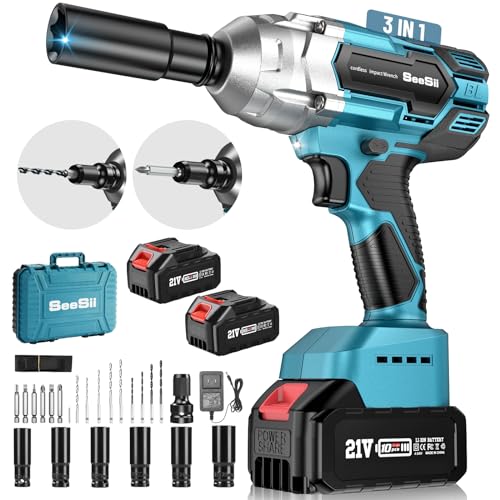 Seesii Cordless Impact Wrench, Brushless Impact Wrench 1/2 inch Max Torque 479 Ft-lbs(650Nm), 3300RPM w/ 2x 4.0 Battery, 6 Sockets,9 Drill,6 Screws, High Torque Power Impact Wrench for Car Home, WH700