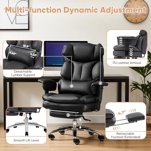 Sweetcrispy Executive Home Office Desk Chair Ergonomic Big Tall High Back with Footrest & Lumbar Support, Reclining Height Adjustable Comfy PU Leather Computer Gaming with Swivel Wheels, Black