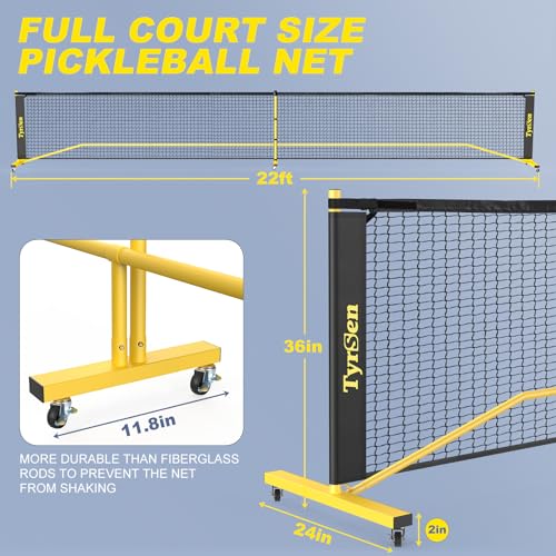 TYRSEN Portable Pickleball Net on Wheels, 22FT Pickleball Net for Driveway Backyard, 18-Ply PE Net, Weather Resistant Metal Frame Pickle Ball Net System for Indoor & Outdoor