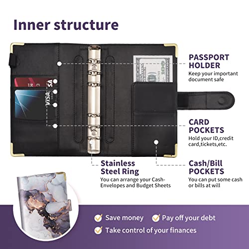 Budget Binder, A6 Marble PU Leather Binder, Money Organizer Cash Envelopes Budget Planner with 8 Zipper Cash Envelopes, 12 Expense Budget Sheets & 2 Letter Label Sticker for Budgeting, Saving Money