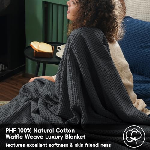 PHF 100% Cotton Waffle Weave Black Throw Blanket 50" x 60"-Lightweight Washed Soft Breathable Blanket for Adults and Kids-Perfect Blanket Layer for Couch Bed Sofa-Elegant Home Decoration