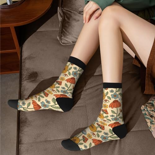 JKJOJIA 70s Retro Floral Mushroom Novelty Socks For Men Women, Funny Crazy Crew Socks Casual Dress Socks Gifts