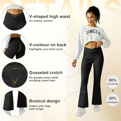 FireSwan Women's Flare Yoga Pants V Waist Flared Leggings High Waisted Bootcut Workout Pants Tummy Control(Black XS)