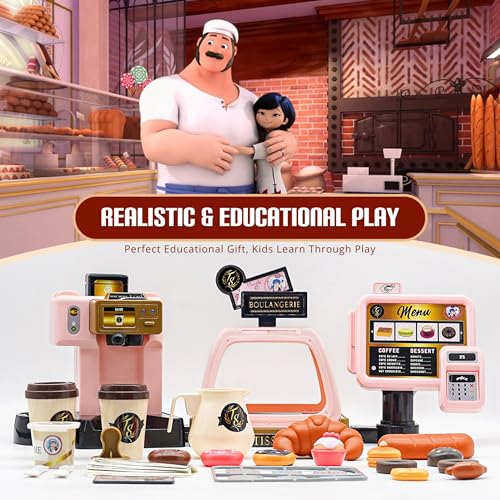Miraculous Ladybug Cafe Play Set, Pretend Role Play Coffee Machine, Interactive Cash Register with Sound and Light - Toys for Kids with Kitchen Accessories, Bakery, Bills, and Coins