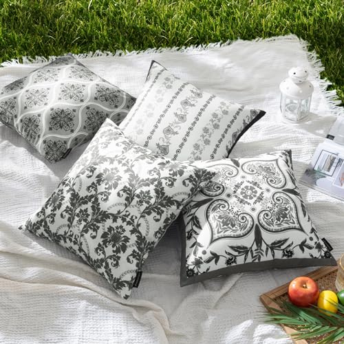 Phantoscope Pack of 4 Outdoor Pillows Waterproof Boho Geometric Outdoor Throw Pillow Covers, Decorative Floral Patio Pillows Square Cushion Case for Couch Tent Sunbrella, Black/White, 18x18 Inches