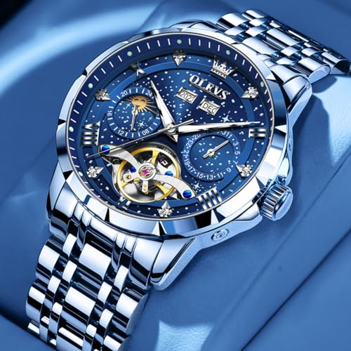 OLEVS Mens Automatic Watches Self-Winding Starry Sky Diamond Skeleton Luxury Wrist Watch Waterproof Luminous