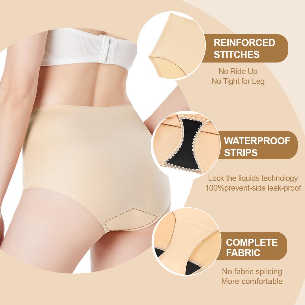 BATTEWA Incontinence Underwear for Women, Leak Proof Underwear Seamless Washable, High Absorbency Panties, Bladder Leak Underwear Protective Briefs 50ml,Beige,Large