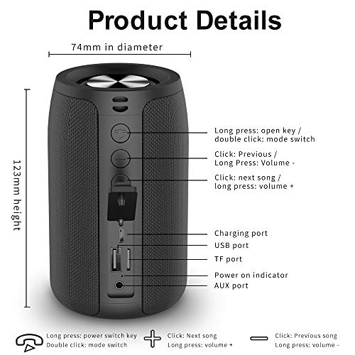 ZEALOT Portable Bluetooth Speakers, Wireless Speaker，S32 Samll Outdoor Speaker, Waterproof IPX5, Stereo Pairing/USB/MIC/TF Card/AUX for iOS Andriod Gift for Men，Kids -Black