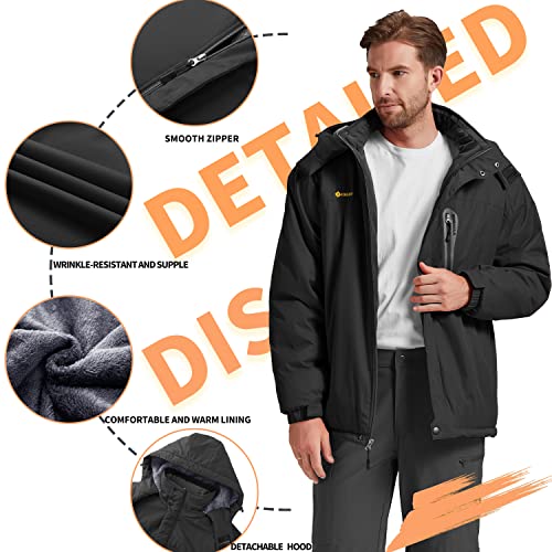 Kugnala Men's Winter Skiing Jacket Waterproof Warm Snow Fleece Lining Coat Mountain Windbreaker Hooded Windproof Rain Jacket Black S