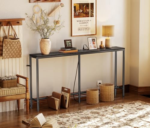 SUPERJARE Console Table with Outlet, 63 Inch Sofa Table with Charging Station, Narrow Entryway Table, Skinny Hallway Table, Behind Couch Table, for Living Room, Plants, Black