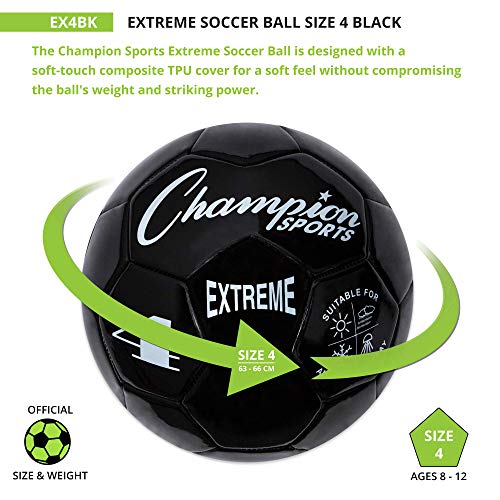 Champion Sports Extreme Series Soccer Ball, Regulation Size 5 - Collegiate, Professional, and League Standard Kick Balls - All Weather, Soft Touch, Maximum Air Retention - For Adults, Teenagers, Black