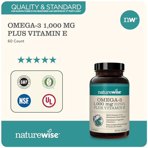 NatureWise Extra-Strength Omega 3 Fish Oil Supplement - 1000mg per Serving - 600 EPA & 400 DHA and Vitamin E - Support for Heart & Brain Health - Lemon Flavor, Non-GMO - 60 Softgels[1-Month Supply]