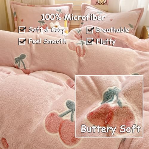 LMONMOO Pink Duvet Cover Twin, Ultra Soft Fluffy Comforter Cover Set, Cute Kawaii Bedding Sets for Girl Kids, All Season(Cherry, Twin)