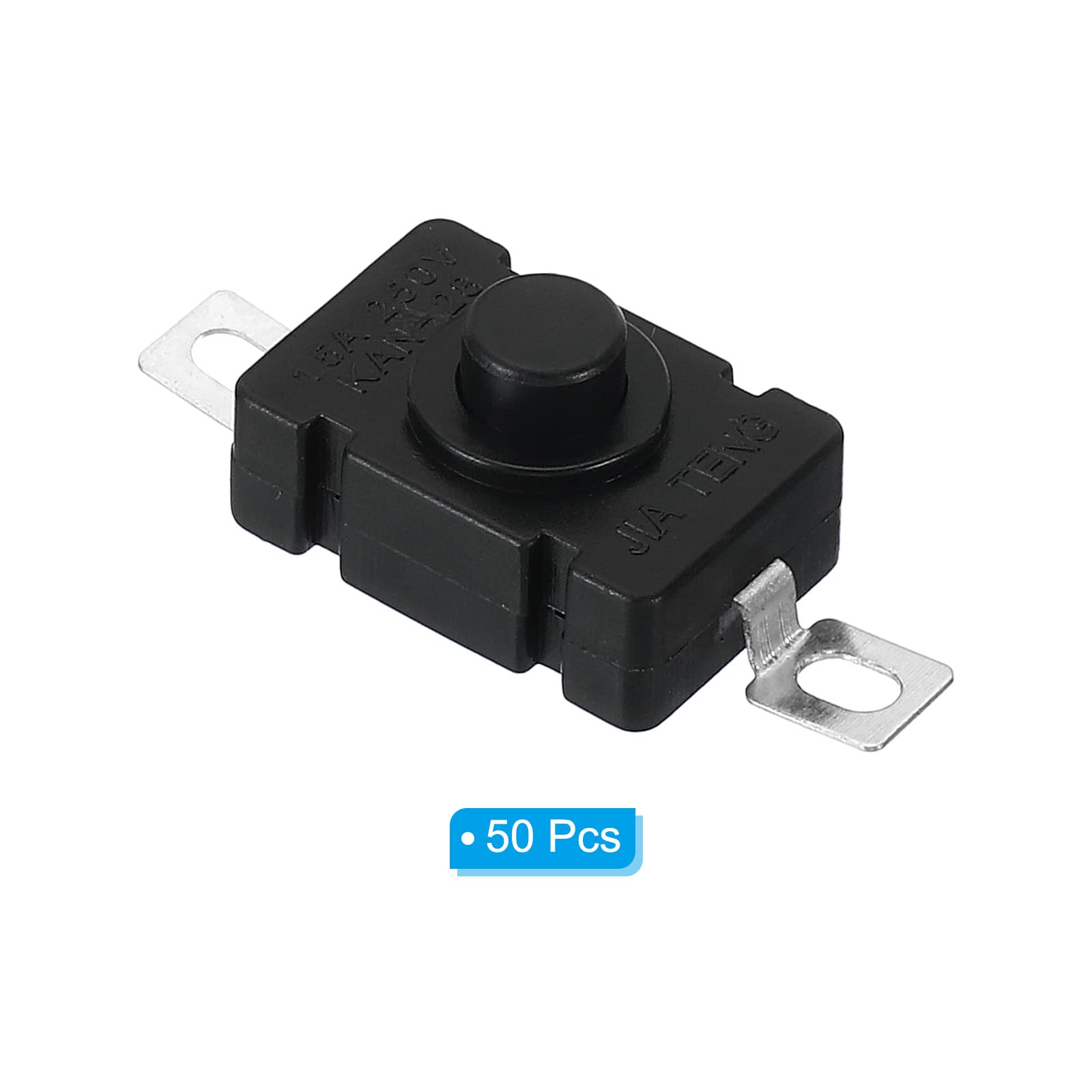 PATIKIL Latching Push Button Switch, 50 Pcs KAN-28 Flat Pin with Hole On/Off Self-Lock AC 250V 1.5A Micro Switch for Flashlight Light Wall Outlet, Black