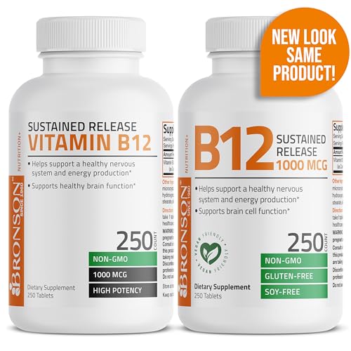 Bronson Vitamin B12 1000 mcg (B12 Vitamin As Cyanocobalamin) Sustained Release Premium Non GMO Tablets Supports Nervous System, Healthy Brain Function and Energy Production, 250 Count