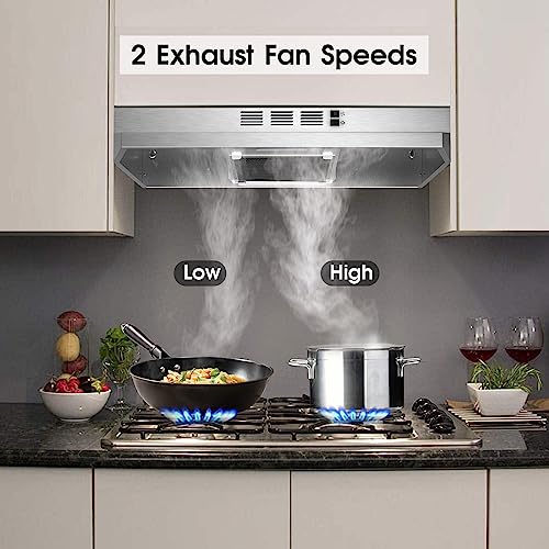 Range Hood 30 inch Under Cabinet, Stainless Steel Kitchen Vent Hood 280CFM, Built-in Kitchen Stove Hood w/Rocker Button Control, Ducted/Ductless Convertible Duct, 2 Speeds Fan, Bright LED Light