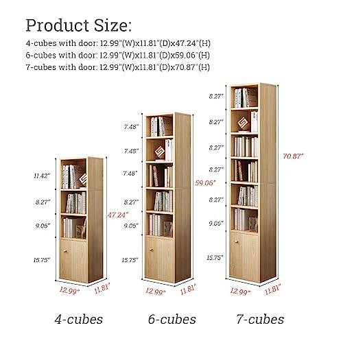IOTXY Small Narrow Corner Bookcase - 47 Inches Tall Gap Freestanding Storage Cabinet, 4 Lattices Open Shelves Tower Rack with Door, Cubes Bookshelf in Oak