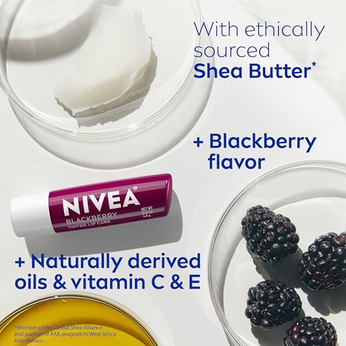 NIVEA Blackberry Lip Care, Tinted Lip Balm with Shea Butter, Nourishing Oils and Vitamin C & E, 3-in-1 Moisture, Repair (for Dry Lips) and Color, 0.17 Oz Stick