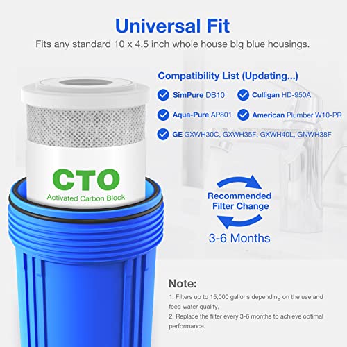 SimPure Whole House Water Filter Housing, 1-Stage 10" x 4.5" Big Filter Housing Blue for Whole Home Water Filtration, Sediment Water Filter System for Well, 1" NPT Brass Port (with CTO Filter)