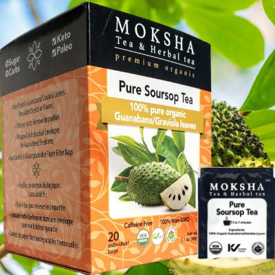 Pure Soursop Tea made with Pure Graviola Leaf- Guanabana Leaves- 20 Organic Tea Bags Moksha Ayurveda