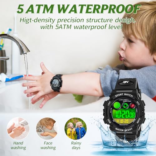 Dayllon Kids Watch Digital Outdoor Sport Waterproof Boys Watches 12/24H Alarm 7 Colorful Backlight Stopwatch Wristwatch for 3-15 Year Old Gift Black