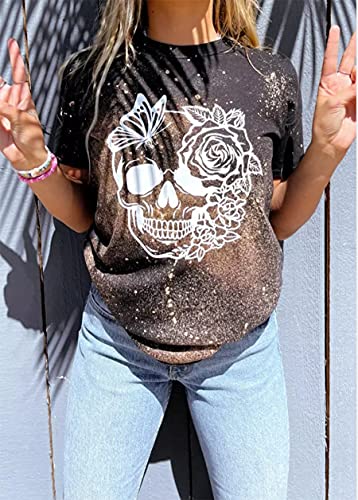 Halloween Skull Floral Bleached T-Shirt Women Funny Skull Face Graphic Shirt Casual Short Sleeve Fall Tops Tee (As Show, S)