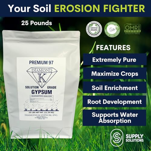 Supply Solutions Gypsum Powder - Purest and Soluble Houseplant Food Fertilizer for Indoor Plants, Outdoor, Lawn, Vegetables - Indoor Plant Nutrients, Improve Plant Growth (25 Pounds)