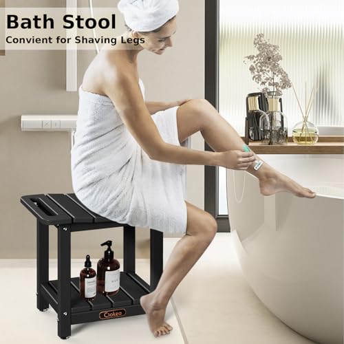 Ciokea Shower Bench for Inside Shower, Waterproof Plastic Shower Stool for Shaving Legs with Storage Shelf, HDPE Shower Bath Tub Benches for Bathroom, Indoor or Outdoor Use, Black