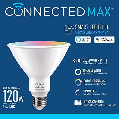 Cree Lighting Connected Max Smart Led Bulb Par38 Outdoor Flood Tunable White + Color Changing, 2.4 Ghz, Works with Alexa and Google Home, No Hub Required, Bluetooth + WiFi, 1Pk