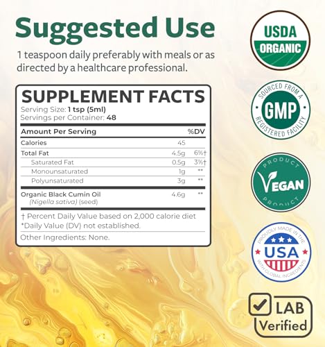 USDA Organic Black Cumin Seed Oil Liquid (8 fl oz) Premium Cold-Pressed Nigella Sativa Producing Pure - Antioxidant Supplement - Vegan, Gluten-Free, & Non-GMO (No Pills or Capsules)