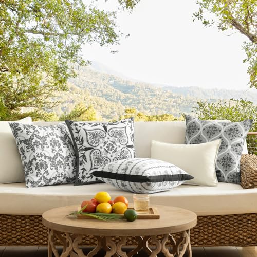 Phantoscope Pack of 4 Outdoor Pillows Waterproof Boho Geometric Outdoor Throw Pillow Covers, Decorative Floral Patio Pillows Square Cushion Case for Couch Tent Sunbrella, Black/White, 18x18 Inches