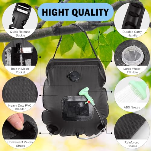 KIPIDA Solar Shower Bag,5 gallons/20L Solar Heating Camping Shower Bag with Removable Hose and On-Off Switchable Shower Head for Camping Beach Swimming Outdoor Traveling Hiking (Black)